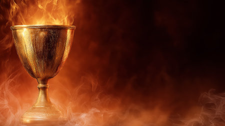 Golden trophy with fire and sparks on a black background. Symbol of victory, leadership and power. Dynamic backdrop with copy space.の素材