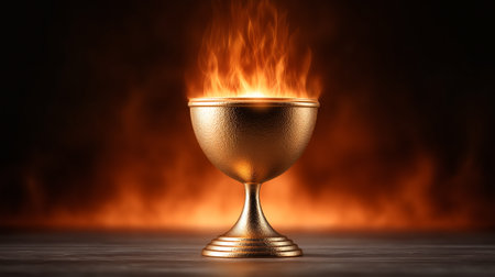 Golden trophy with fire and sparks on a black background. Symbol of victory, leadership and power. Dynamic backdrop with copy space.の素材