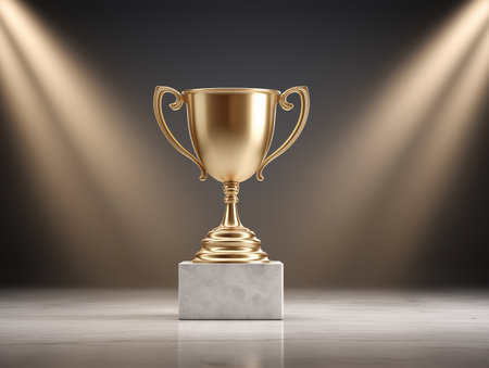 Golden empty trophy on a marble pedestal illuminated by spotlights on a dark background. Elegant sports scene with copy space for banner or poster.の素材