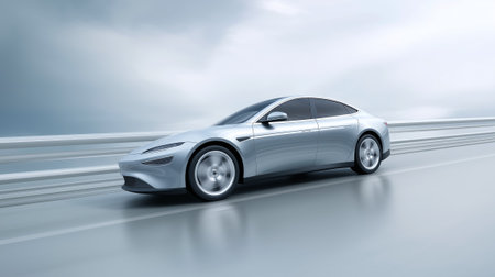 Gray electric car in motion on a plain gray background. Modern design, dynamic motion and eco-friendly concept. Future transportation idea, copy space.の素材