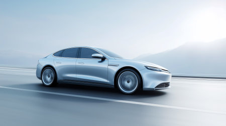 Gray electric car in motion on a plain gray background. Modern design, dynamic motion and eco-friendly concept. Future transportation idea, copy space.の素材