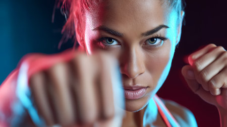 Portrait of a beautiful young woman in neon light showing a strong punch towards the camera. Concept of power, confidence and energy. Close-up, copy space.の素材