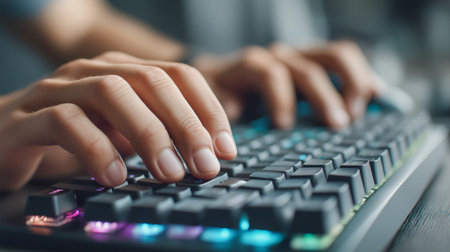 Close-up of hands typing on a computer keyboard in an office. Conceptual ideas about work, technology and modern business.の素材