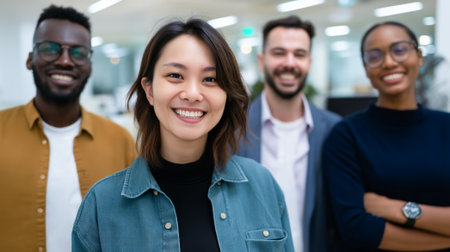 Group of diverse colleagues standing together in a modern office, smiling confidently at the camera. Concept of equality, teamwork, and global unity.の素材