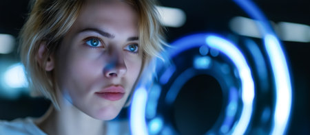 Futuristic portrait of a young woman with blue eyes looking into a holographic mirror reflecting her digital avatar.の素材