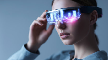 Traveler wearing augmented reality VR glasses explores a futuristic cityscape with glittering landmarks, symbolizing immersive travel and innovation in tourism.の素材