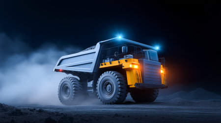 Powerful mining dump truck moves in the dark with its headlights on and a cloud of dust.の素材