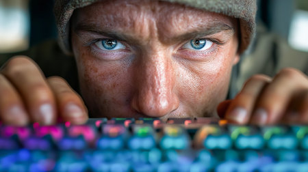 Close-up of a focused gamer with bright blue eyes, looking at the keyboard, completely immersed in the gameplay. Close-up.の素材