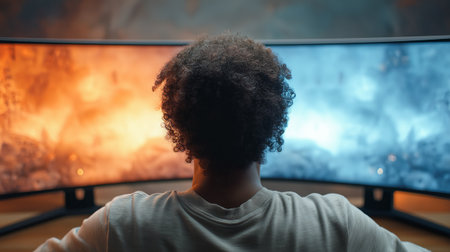 Rear view of a gamer facing two glowing gaming monitors. Immersive, focused atmosphere with clean copy space for digital or tech themes.の素材