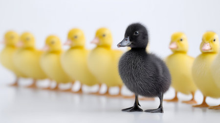 Black duckling stands among yellow ducklings, symbolizing uniqueness and individuality.の素材