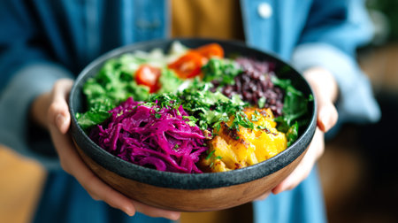 Woman holding a bowl of vegetarian salad with bulgur, avocado, tomatoes, cucumbers, and red onion. Healthy eating and fresh ingredients.の素材