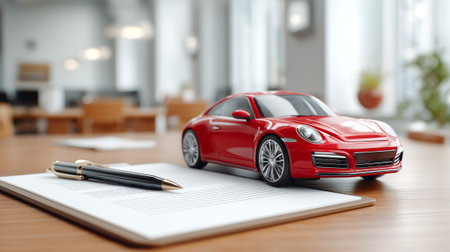 Red toy car placed next to an insurance contract on an office desk. Concept of car insurance, purchase, leasing and rental.の素材