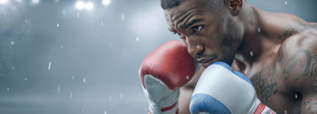 Serious boxer in red gloves preparing to strike, showing power, tension, and focus. Dramatic banner-style composition with clean copy space.の素材