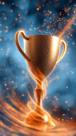 Dynamic scene with a golden trophy and flying ribbons surrounded by golden particles. Symbol of victory, achievement, and sports triumph.の素材