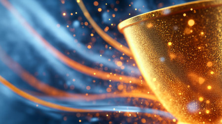 Dynamic scene with a golden trophy and flying ribbons surrounded by golden particles. Symbol of victory, achievement, and sports triumph.の素材