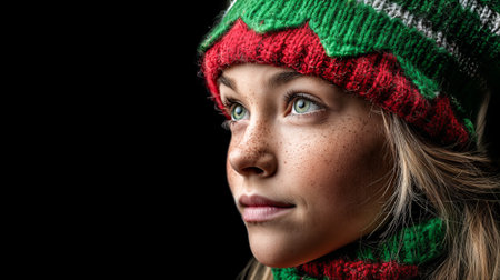 Portrait of an elf girl wearing a red and green Christmas hat and pointy ears, on a black background with copy space.の素材