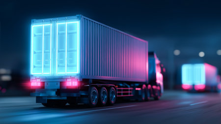 Futuristic autonomous freight trucks move along a smart highway at sunrise, with LED lights and holographic route displays highlighting next-gen logistics.の素材