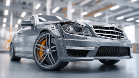 Close-up of a gray car with a broken headlight and a dented bumper after an accident. Insurance claim concept.の素材