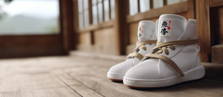 White karate shoes with black kanji symbols placed on a wooden gym floor. Clean, minimal banner composition with ample copy space.の素材