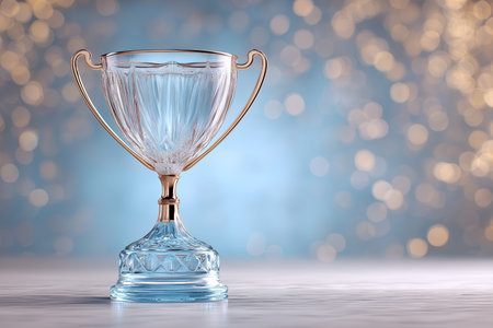 Crystal trophy standing against a soft blue background with golden bokeh, creating an elegant, premium award concept with clean copy space.の素材