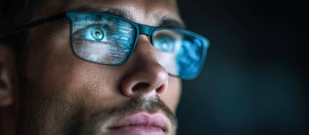 Close-up of a tech professional with programming code reflected in glasses. Dark banner layout with clean copy space for digital and IT concepts.の素材