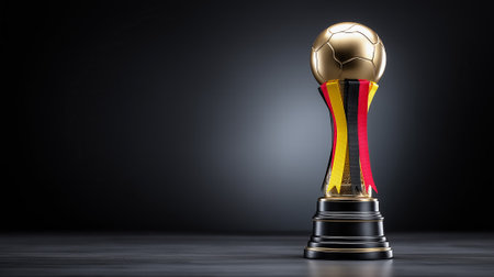 Golden football trophy adorned with ribbons of Germany black, red, and yellow colors, set against a pure black background. Space is provided on the left for advertising text.の素材