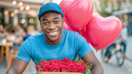 Male courier in a blue T-shirt and cap delivers flowers and red heart-shaped balloons on a bicycle. Flower delivery for March 8 or Valentine's Day.の素材