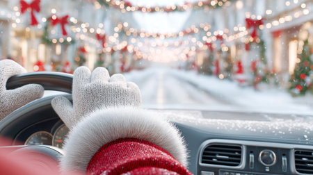 Close-up of Santa's hands on a car steering wheel with a street decorated with Christmas lights in the background. Festive driving atmosphere, soft lighting, copy space on the sides.の素材