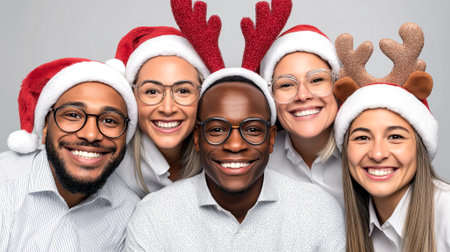 Group of colleagues wearing giant Santa hats, glowing glasses, elf ears and light-up reindeer antlers, creating a fun yet festive corporate vibe.の素材