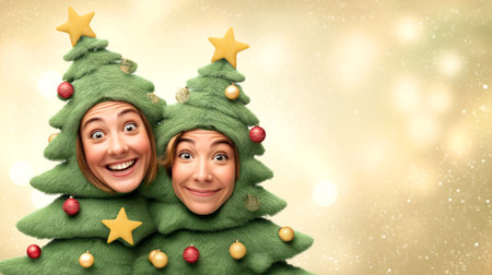 Two women dressed as festive Christmas trees smile happily against a golden bokeh background, creating a bright and cheerful holiday mood.の素材