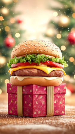 Juicy burger rises from a festive Christmas gift box, steam glowing in warm holiday lights. Copy space for ads.の素材