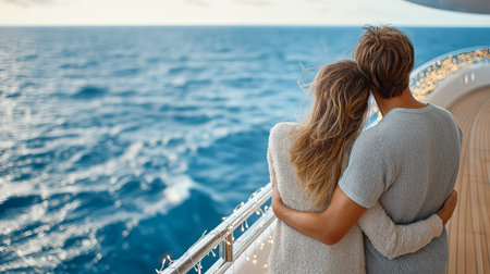 Loving couple stands on the deck of a modern luxury yacht adorned with Christmas warm lights, with the calm sea stretching behind them.の素材