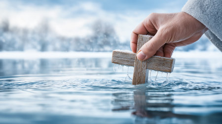 Concept of an Orthodox baptism with a cross, a church interior, and holy water. Hand of a baptist blesses the water with a cross in a lake.の素材