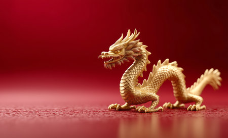 Golden Dragon as a symbol of Chinese New Year on a red background with space for text.の素材