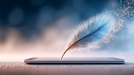 Blue feather on a smartphone screen with shimmering particles, symbolizing lightness, digital interaction, creativity and modern technology, with a soft background and copy space.の素材