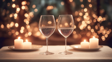 Romantic background with candles, wine glasses and warming glowing lights, suitable for Valentine's Day, romantic evening, Christmas dinner or celebration concept.の素材