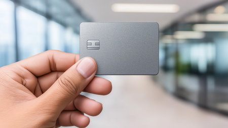 Close-up view of a hand holding a blank credit card in the corridor of a modern office building, representing finance, payment, security or business transaction concepts.の素材
