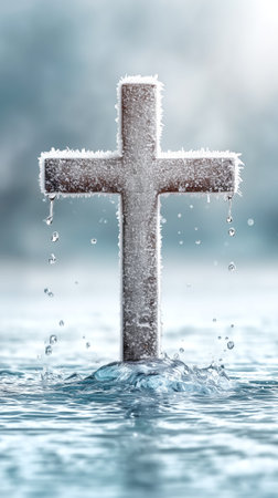 Orthodox baptism concept with a cross, church interior, and holy water. Wooden cross in holy water.の素材