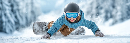 Active child snowboarding through fresh powder in a snowy forest, capturing motion, winter adventure and extreme sport energy, highlighting outdoor fun, freedom and dynamic winter lifestyleの素材