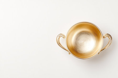 Top view of an empty golden cup with copy space, symbolizing victory, achievement, success and award concept, suitable for business, sport, competition, leadership and motivation themesの素材