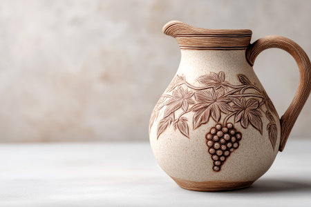 Clay wine jug decorated with grapevine motifs placed on a gray background with empty space for text, representing wine tradition, craftsmanship and beverage presentationの素材