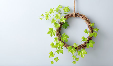 Decorative wreath of grape branches with green leaves against a gray wall, minimalist composition with copy space for text and design.の素材