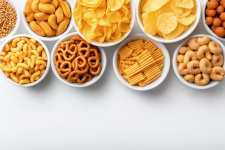 Match day food background, neatly arranged bowls of chips, nuts, nuggets and crackers on a light background, space for text, sports night atmosphereの素材