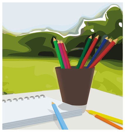 a colored pencils mountains in the backgroundのイラスト素材