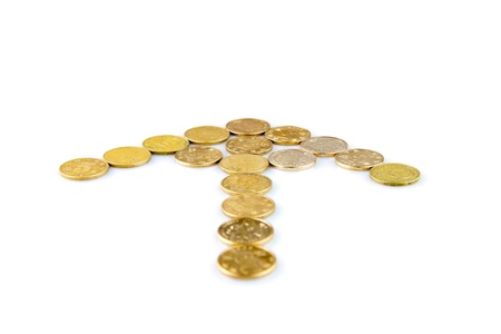 put the coin into the arrow shape in on a white background の写真素材