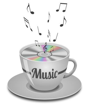 Cd record in a coffee cup on white background の写真素材