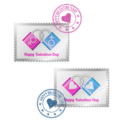 Abstract blue and pink padlocks on postage stampの写真素材