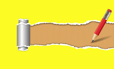 Torn yellow paper, corrugated carboard, pencilの写真素材