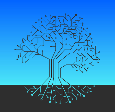 Printed circuit like tree with root, blue backgroundのイラスト素材