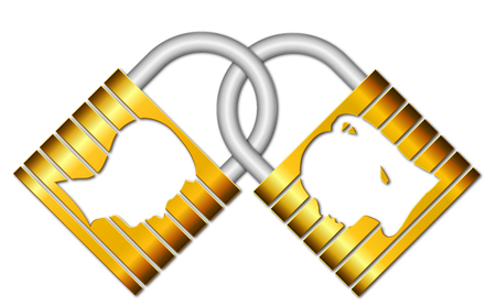 Abstract blue and pink padlocks with silhouetteの写真素材